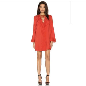 IRO Florine Poppy Red Lace Up Ruffled Shift Mini Dress Raw Hem Long Bell Sleeves